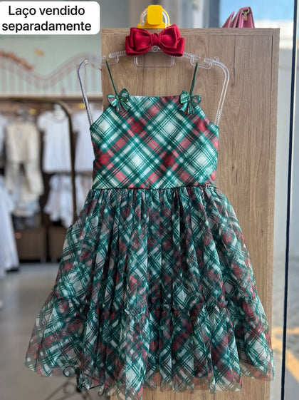 VESTIDO ALÇA FINA ELÁSTICO XADREZ LAÇO TULE PAETES NATAL MENINA PETIT CHERIE