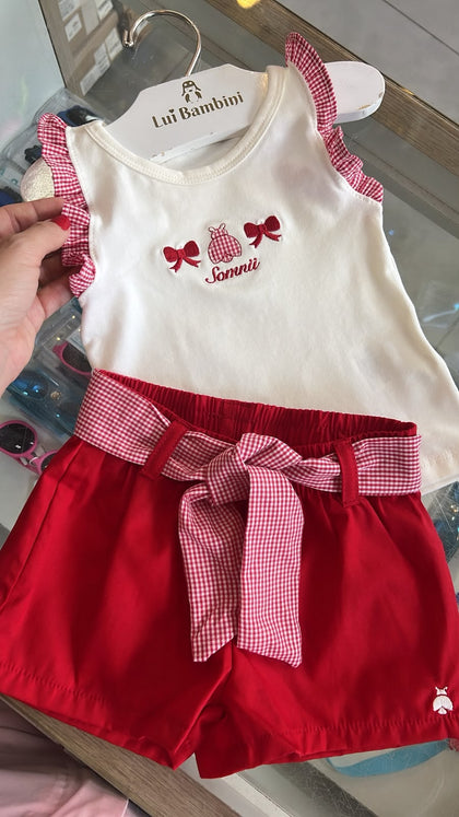CONJUNTO BLUSA REGATA JOANINHA LAÇOS COM SHORT TRICOLINE XADREZ QUADRICULADO NATAL MENINA SOMNII