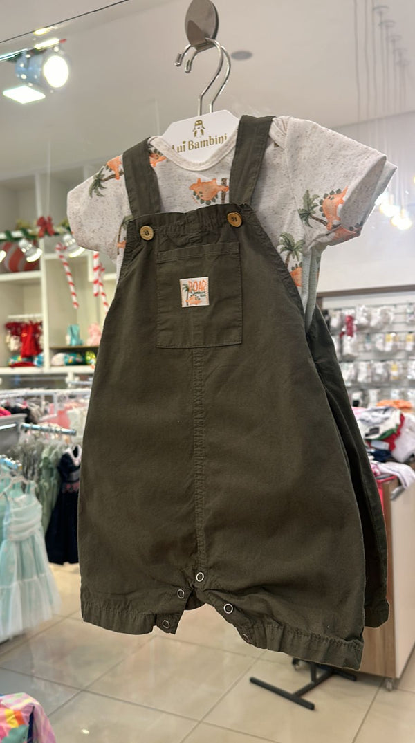CONJUNTO BODY MANGA CURTA E JARDINEIRA AJUSTÁVEL BOLSO DINOSSAUROS MENINO LUC BOO