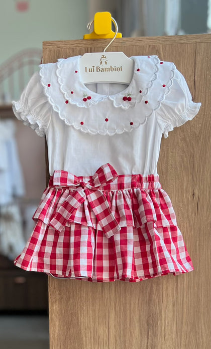 CONJUNTO BODY MANGA CURTA GOLA DUPLA CEREJA E POÁ BORDADADA COM SAIA XADREZ NATAL MENINA LUI BAMBINI