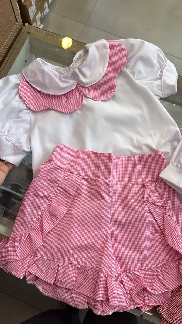 CONJUNTO CAMISA MANGA CURTA GOLA DUPLA E SHORT XADREZ BABADINHO MENINA LUI BAMBINI