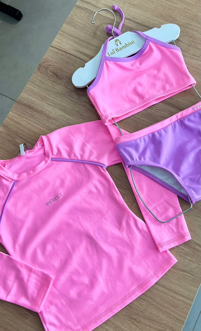 CONJUNTO BLUSA MANGA LONGA COM BIQUINI E CALCINHA DUAL COLOR UV50+ MENINA INFANTI