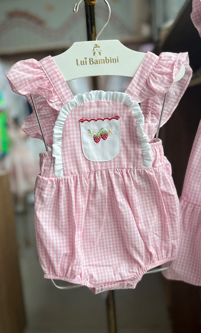 ROMPER MACACÃO REGATA XADREZ NATAL VICHY BOLSO MORANGOS COM BABADO MENINA BARBARA KIDS