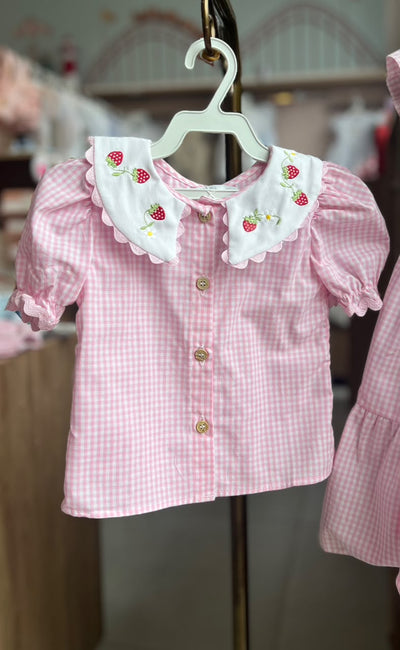 CAMISA XADREZ MANGA CURTA BUFANTE GOLA BORDADO MORANGOS E FLORES BABADO MENINA BARBARA KIDS