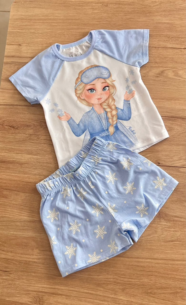 CONJUNTO PIJAMA BLUSA MANGA CURTA GAROTA TRANCINHA STRASS E SHORT NEVE POÁ MENINA KUKIE