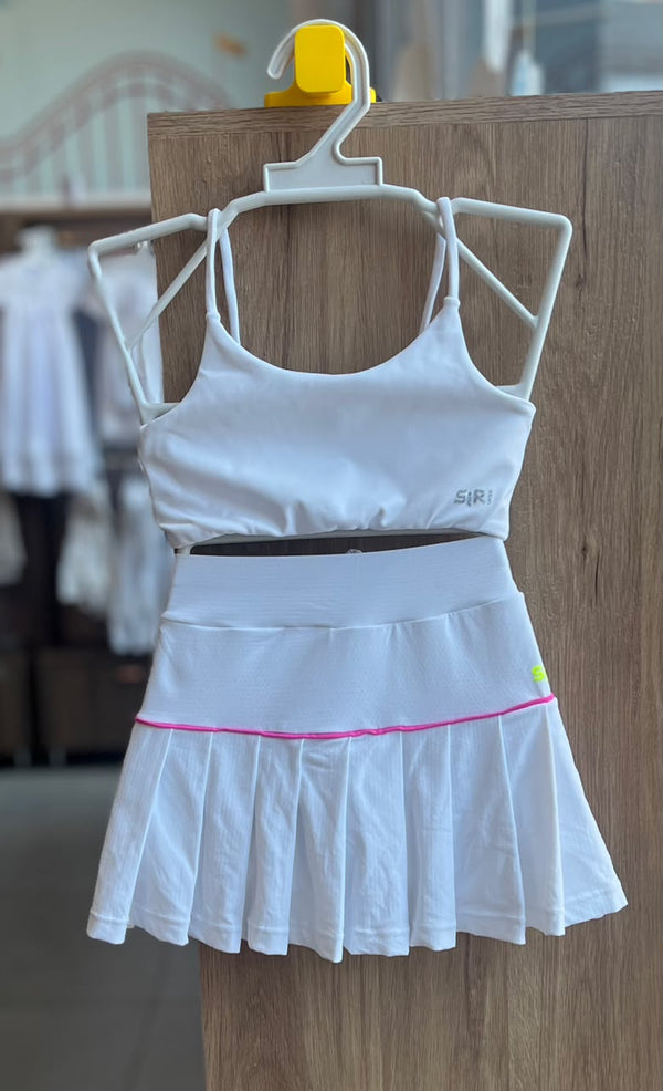 CONJUNTO FITNESS CROPPED TOP ALÇA FINA E SAIA PLISSADA DRY FIT MENINA SIRI