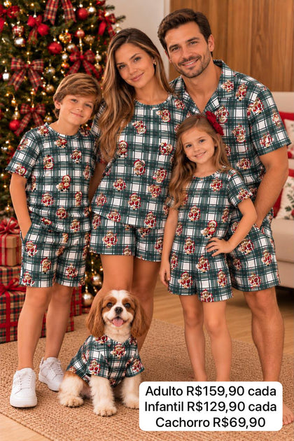CONJUNTO PIJAMA CAMISETA MANGA CURTA E BERMUDA XADREZ NATAL CACHORRINHOS UNISSEX QUIMBY