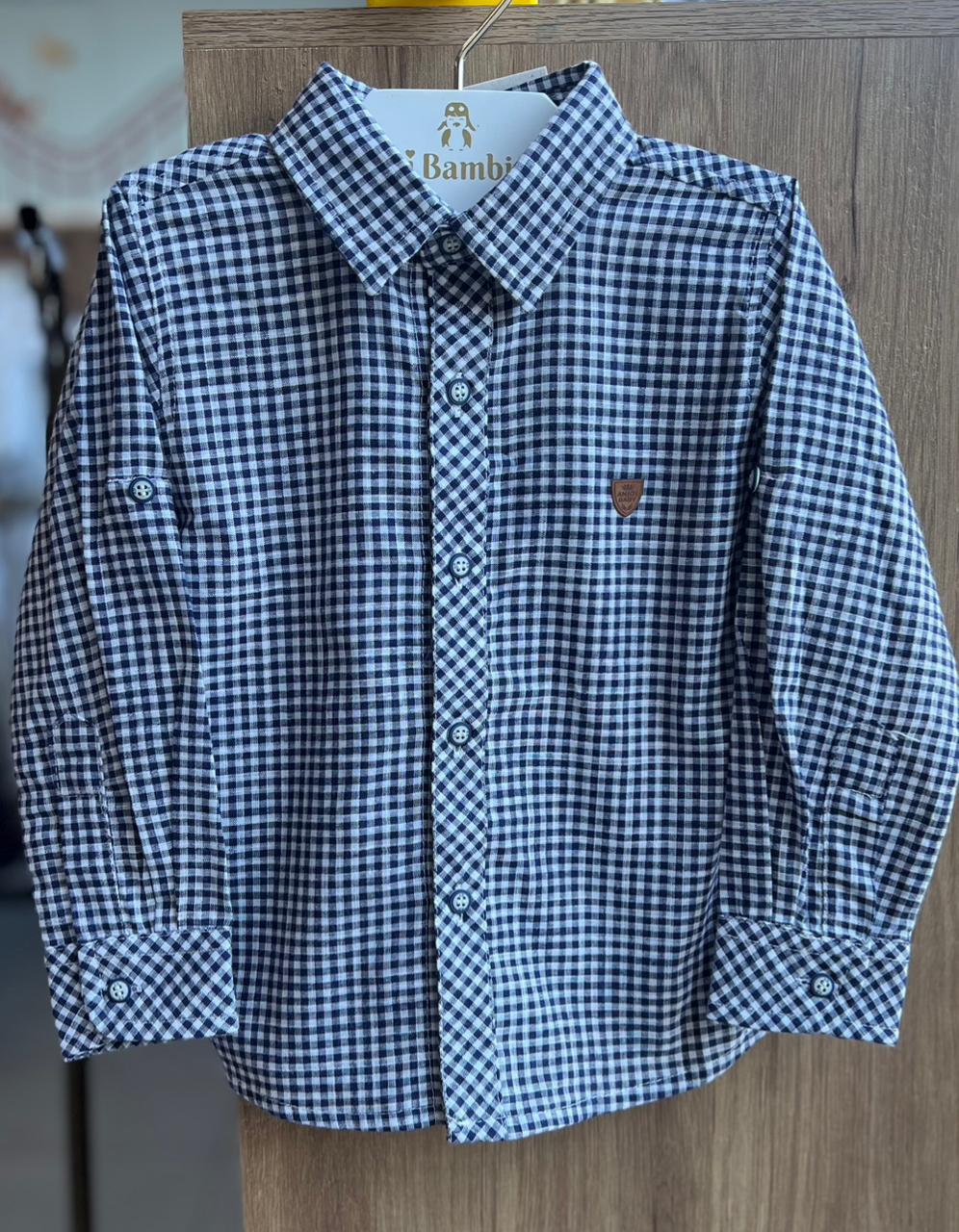 CAMISA MANGA LONGA MAQUINETADO XADREZ BOTÕES MINIMALISTA MENINO ANJOS BABY - MARINHO