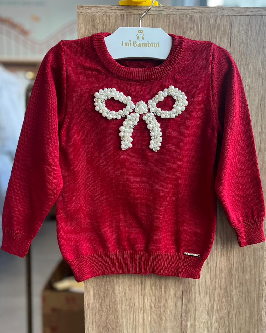 SUÉTER MANGA LONGA MAXI TRICOT TRICO BORDADO PÉROLAS CRISTAIS MENINA PITUCHINHUS - VERMELHO