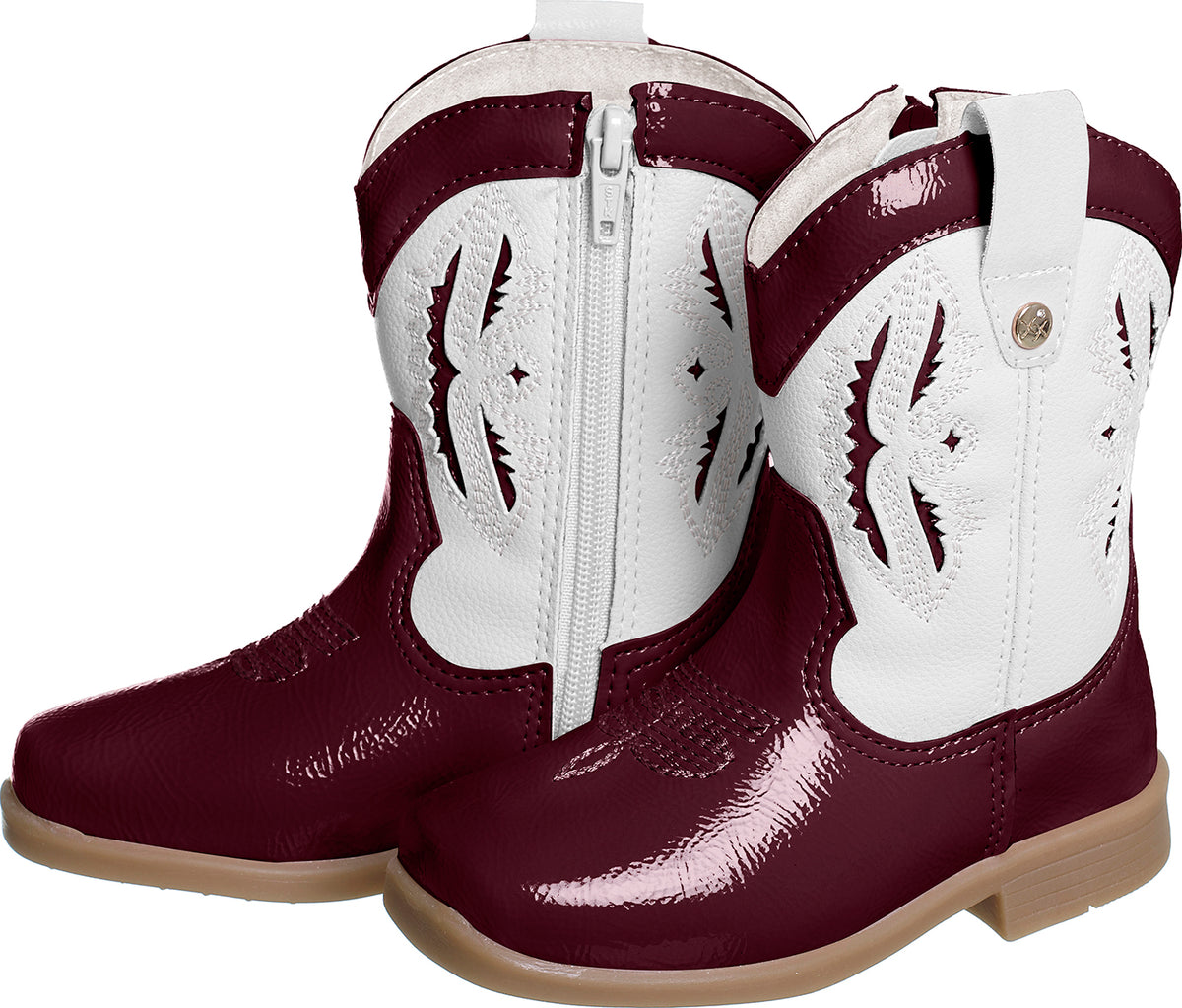 BOTA TEXANA ZÍPER BORDADO BOIADEIRA COWGIRL MENINA XUÁ XUÁ - BRANCO/VINHO