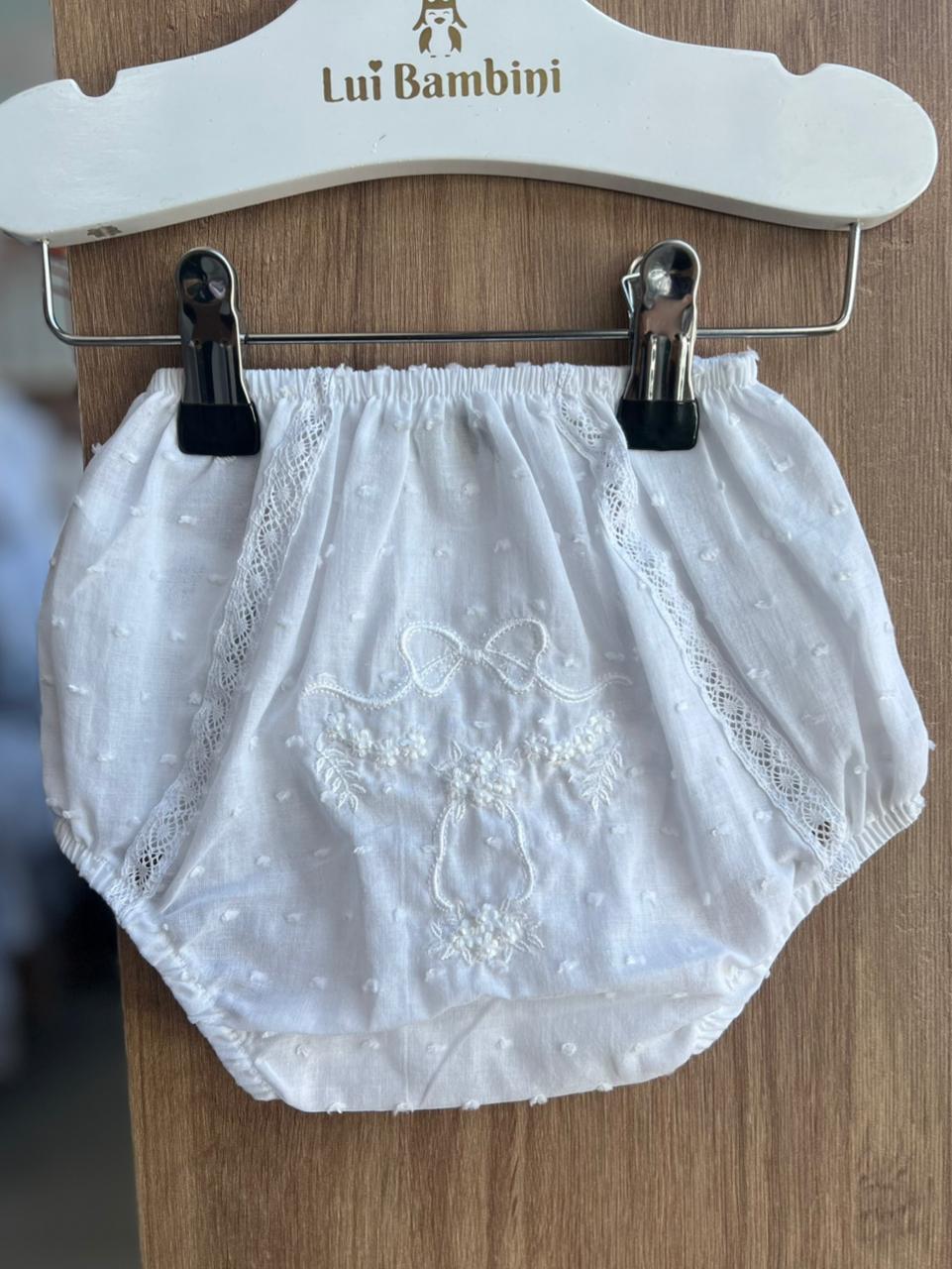 CALCINHA POÁ CAMBRAIA BORDADO PÉROLAS LAÇO SINO BATIZADO MENINA BARBARA KIDS - BRANCO