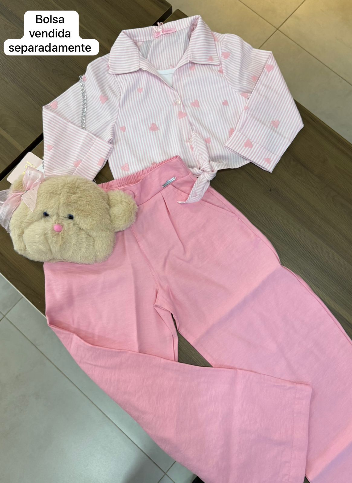 CONJUNTO CAMISA MANGA LONGA LISTRADO CORAÇÕES BORDADO E CALÇA MENINA GABRIELA AQUARELA - ROSA
