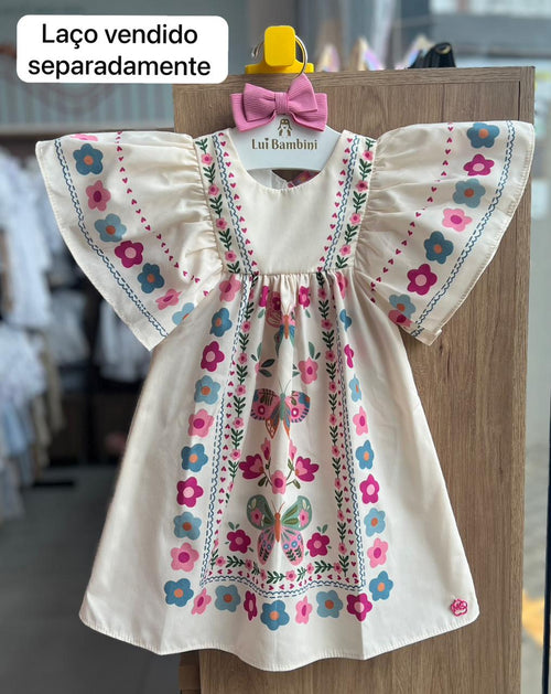 VESTIDO MANGA CURTA BABADO FLOR CORAÇÃO MENINA MON SUCRÉ - BEGE CLARO