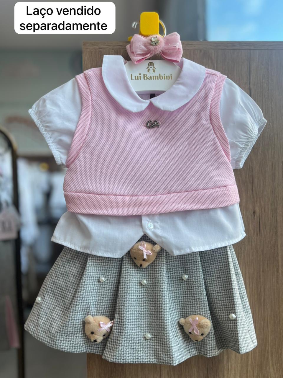 CONJUNTO BLUSA MANGA CURTA PINGENTE GA STRASS PULLOVER TRICO URSO E SHORT SAIA PIED DE POULE MENINA GABRIELA AQUARELA - ROSA/CINZA