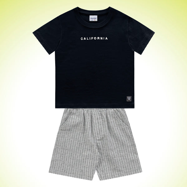 CONJUNTO CAMISETA MANGA CURTA BORDADO E BERMUDA LISTRADA CALIFORNIA MENINO FAKINI