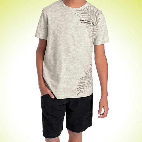 CONJUNTO CAMISETA MANGA CURTA FOLHAGEM SAVE THE PLANET E BERMUDA BOLSO MENINO FAKINI