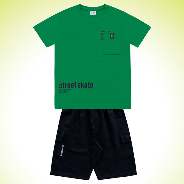 CONJUNTO CAMISETA MANGA CURTA STREET SKATE BOLSO E BERMUDA BORDADA MENINO FAKINI