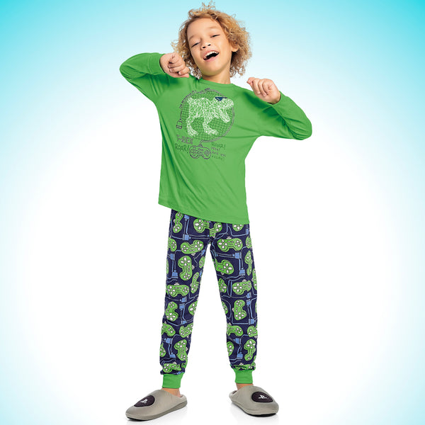 CONJUNTO PIJAMA MANGA LONGA DINOSSAURO E CALÇA CONTROLE GAMER MENINO FAKINI