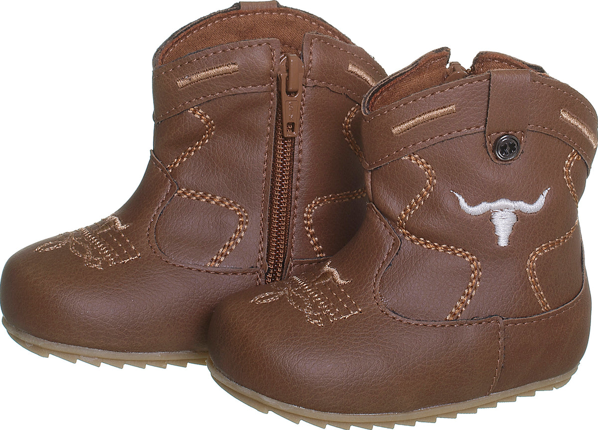 BOTA TEXANA BEBÊ BORDADO TOURO RELEVO ZÍPER COWBOY MENINO XUÁ XUÁ - MARROM