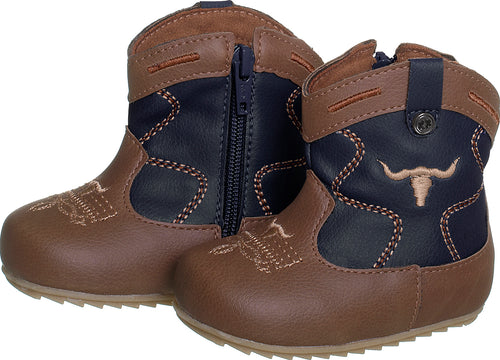 BOTA TEXANA BEBÊ BORDADO TOURO RELEVO ZÍPER COWBOY MENINO XUÁ XUÁ - MARINHO/MARROM