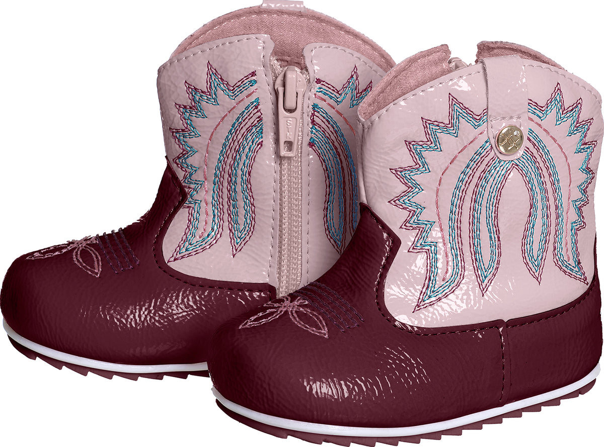 BOTA TEXANA BORDADO BOIADEIRA COWGIRL ZÍPER MENINA XUÁ XUÁ - ROSA CLARO/VINHO