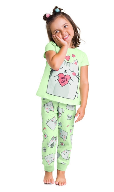 CONJUNTO PIJAMA BLUSA MANGA CURTA E CALÇA GATINHA SWEET CAT POÁ MENINA KYLY