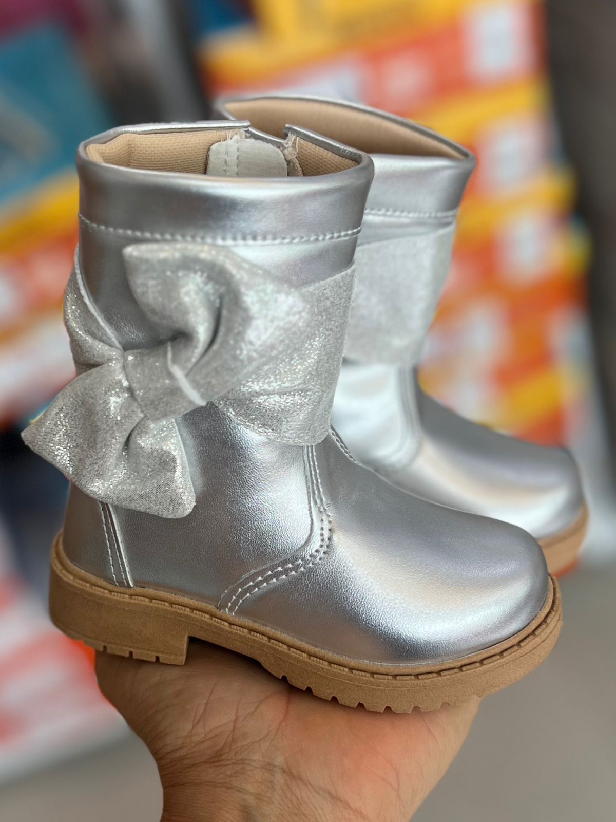 BOTA LOVE CANO MÉDIO ZÍPER LAÇO BOIADEIRA COWGIRL MENINA UNIPASSO - PRATA
