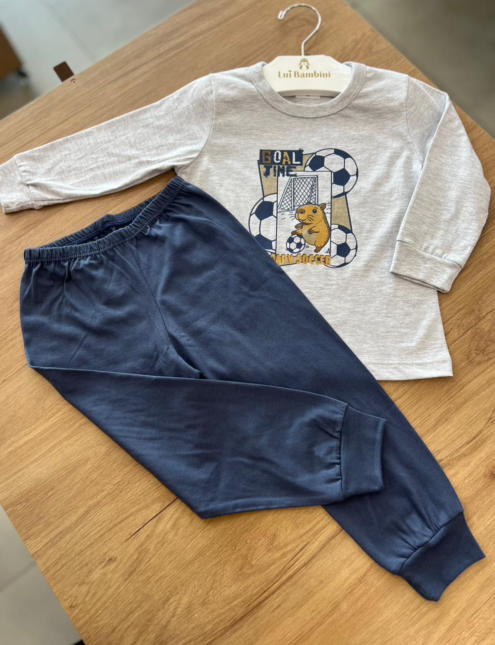 CONJUNTO PIJAMA CAMISETA MANGA LONGA CAPIVARA SOCCER FUTEBOL E CALÇA MENINO HAVE FUN - MESCLA/AZUL