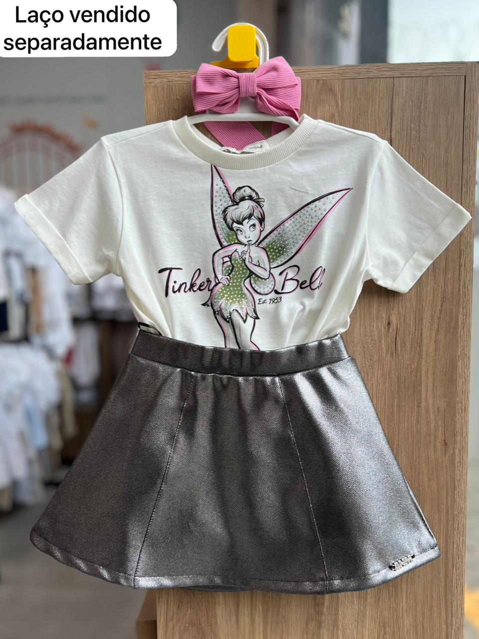 CONJUNTO BLUSA MANGA CURTA TINKER BELL STRASS E SAIA FOIL MENINA ANIMÊ - OFF/PRATA