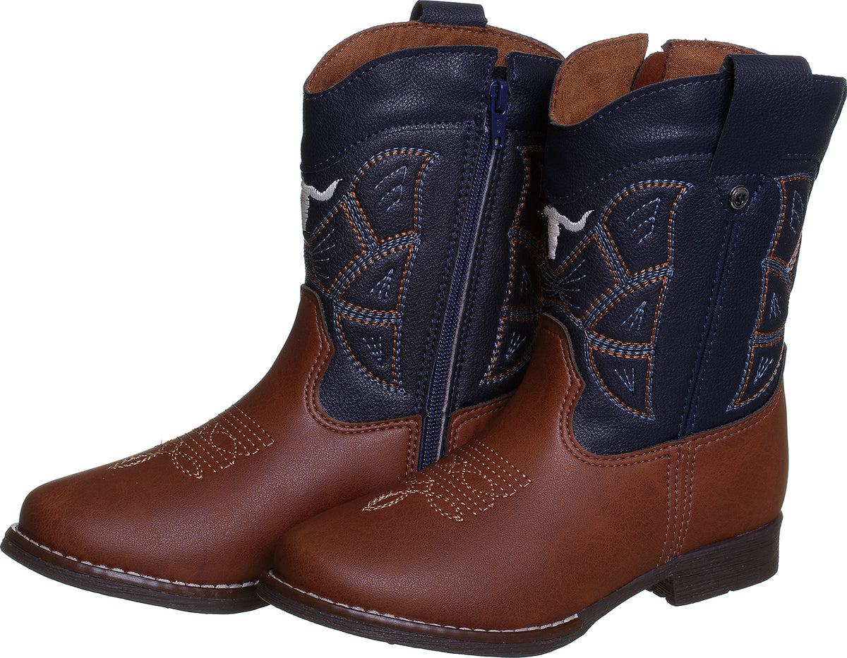 BOTA TEXANO BORDADO TOURO ZÍPER MENINO XUÁ XUÁ - MARINHO/MARROM