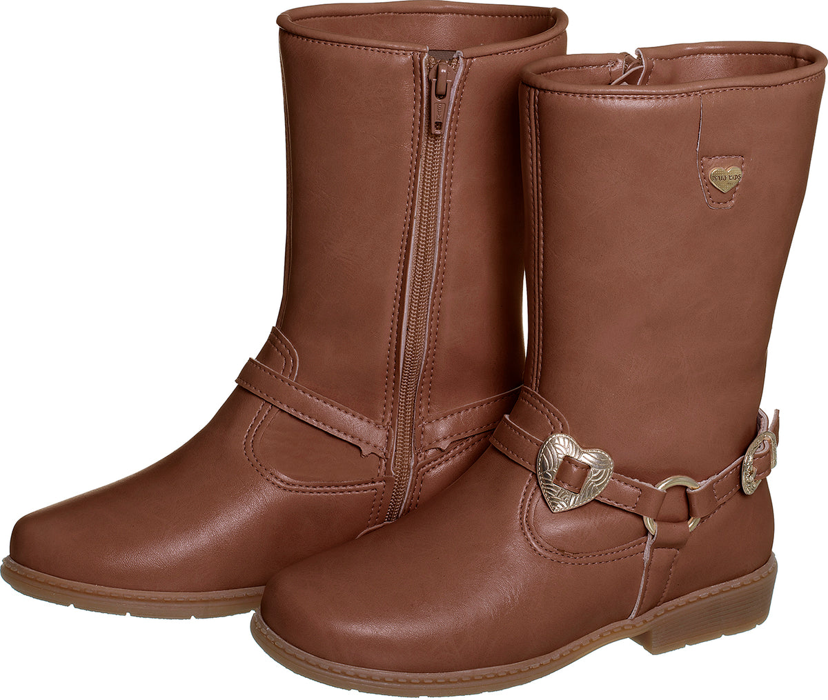 BOTA TEXANA HIPISMO AJUSTE EXTERNO FIVELA METÁLICA PINGENTE CORAÇÃO ZÍPER BOIADEIRA COWGIRL MENINA XUÁ XUÁ - MARROM