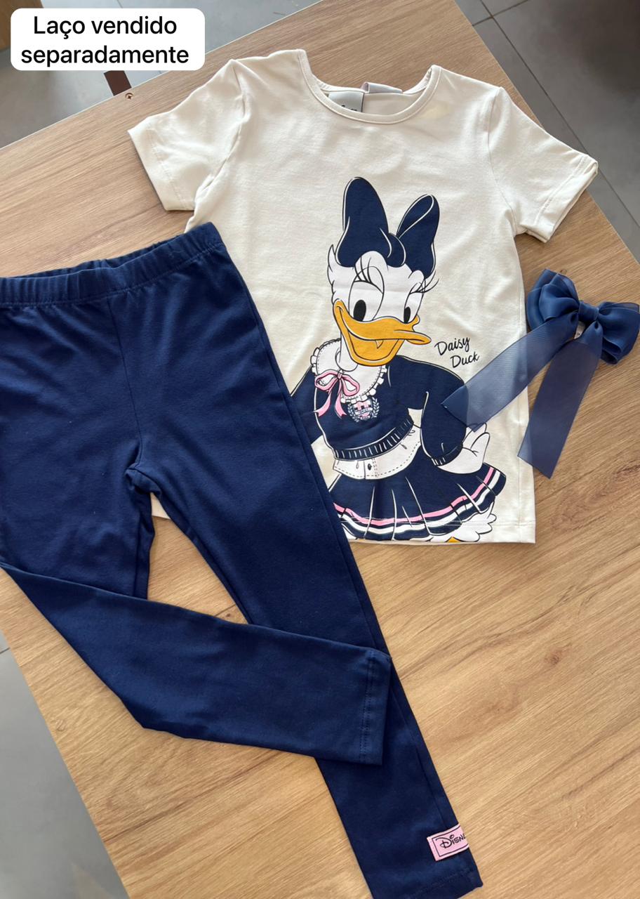 CONJUNTO BLUSA MANGA CURTA DAISY DUCK E CALÇA LEGGING MENINA MOMI - BEGE/MARINHO