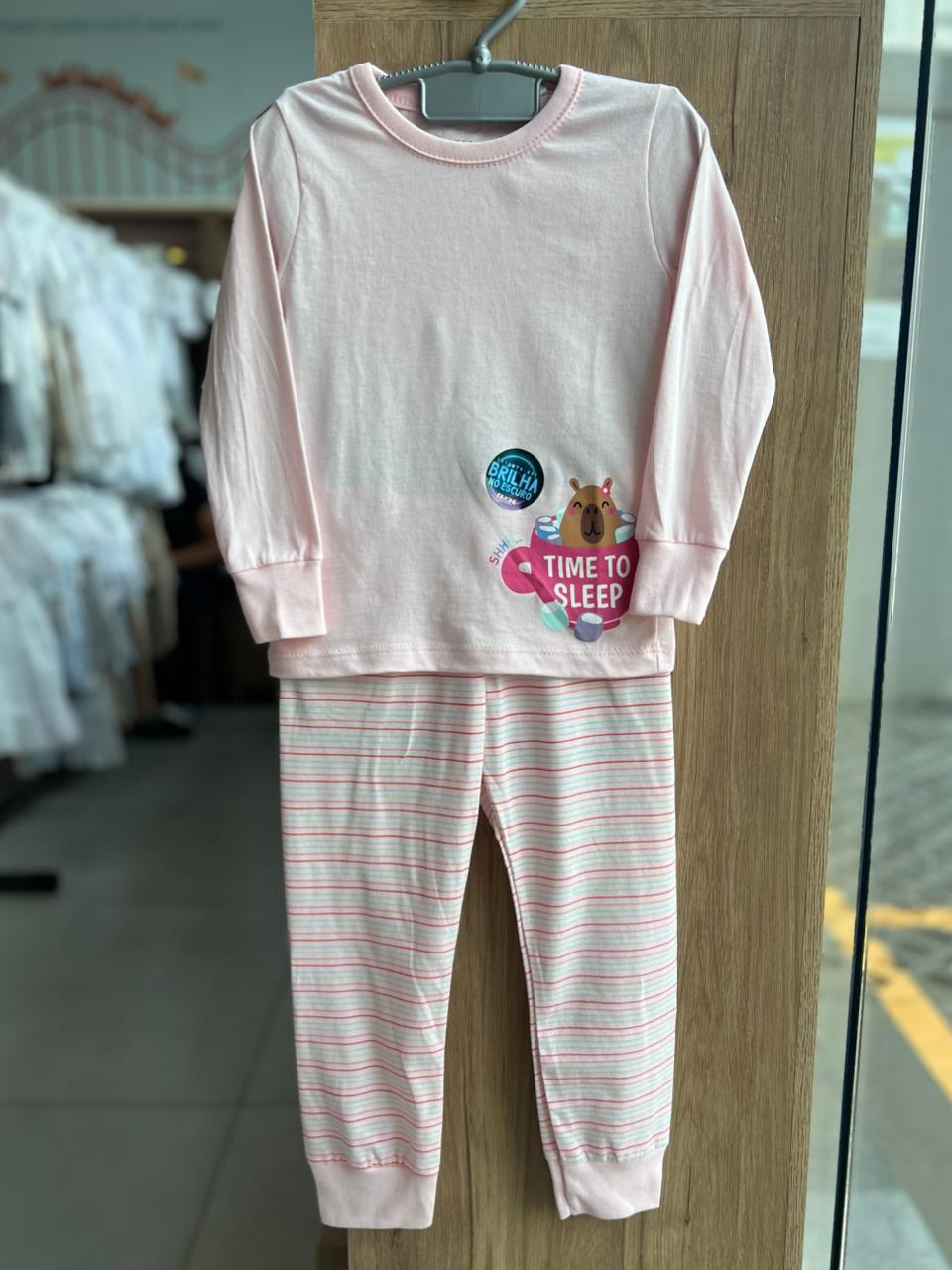 CONJUNTO PIJAMA MANGA LONGA CAPIVARA E CALÇA LISTRADA HORA DE DORMIR MENINA FAKINI - ROSA