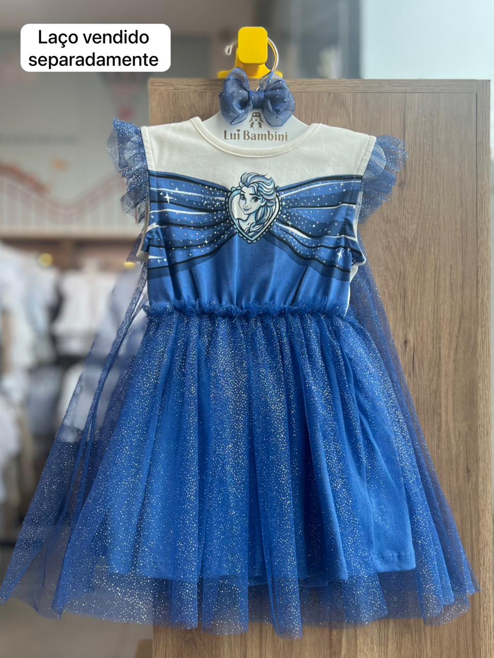 VESTIDO FANTASIA REGATA BABADO TULE GLITTER ELSA FROZEN MENINA BIMBI - AZUL