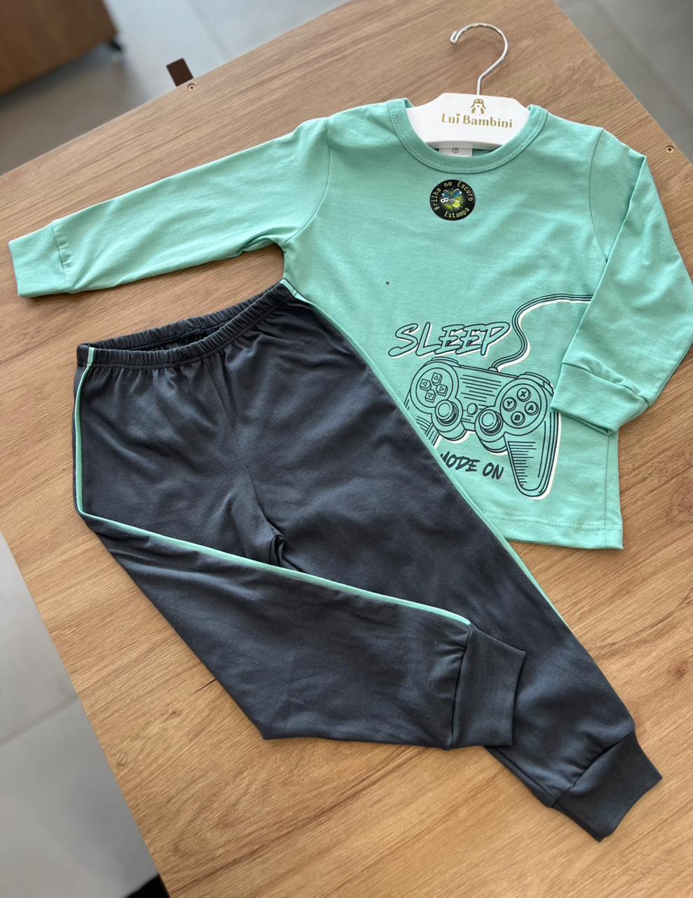 CONJUNTO PIJAMA CAMISETA MANGA LONGA CONTROLE VIDEO GAME SLEEP MODE BRILHA NO ESCURO E CALÇA MENINO HAVE FUN - VERDE AGUA/CINZA