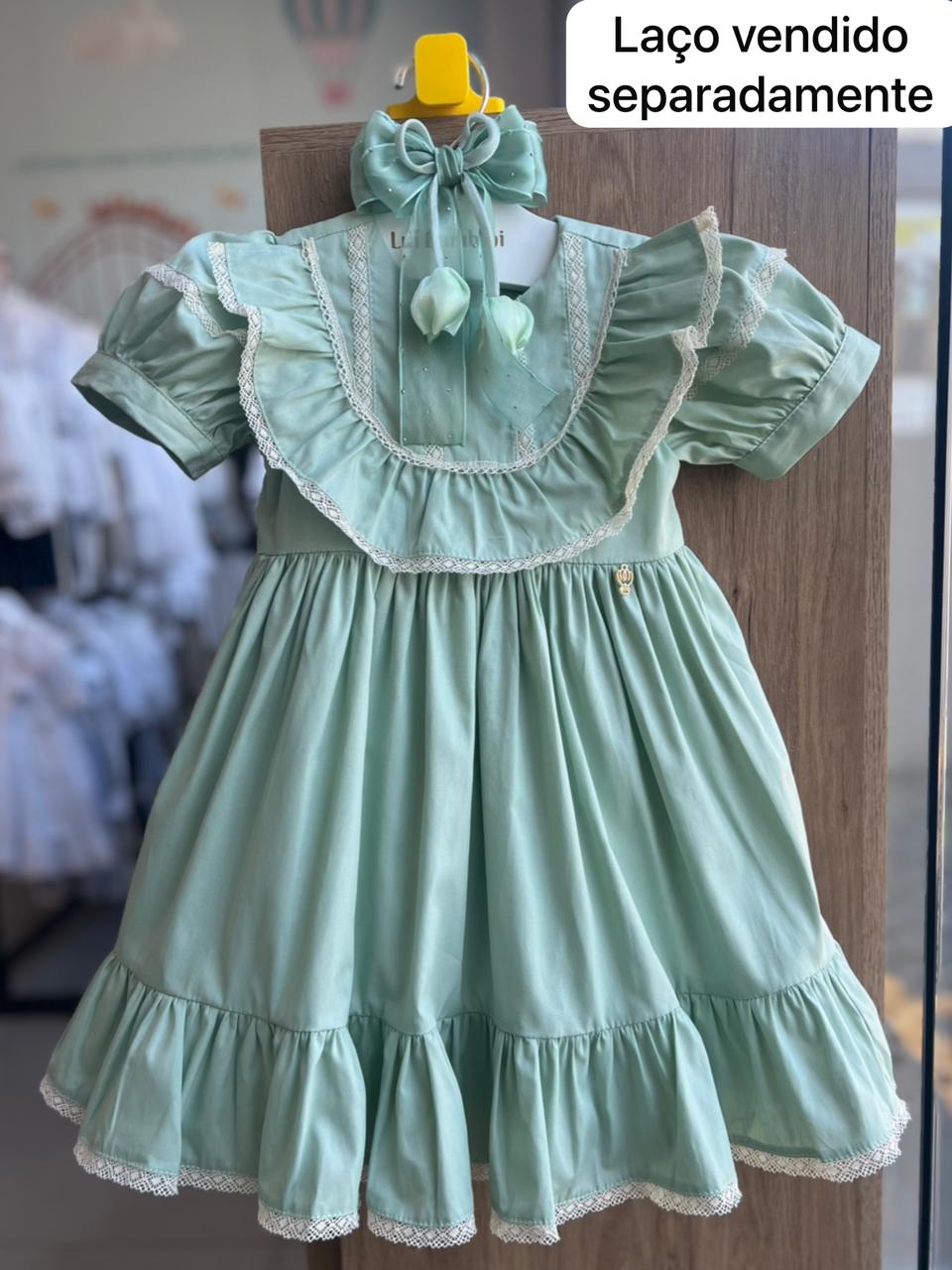 VESTIDO MANGA CURTA BABADO RENDA CLÁSSICO MENINA LUI BAMBINI - VERDE
