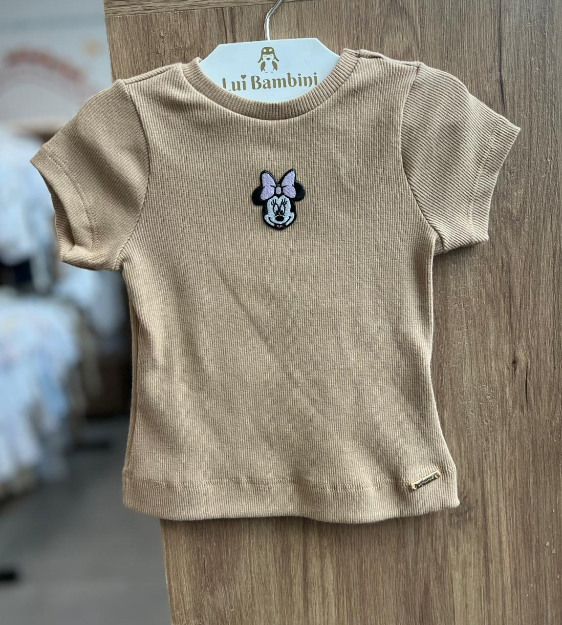 BLUSA MANGA CURTA CANELADA MINNIE MOUSE PATCH MENINA ANIMÊ - BEGE