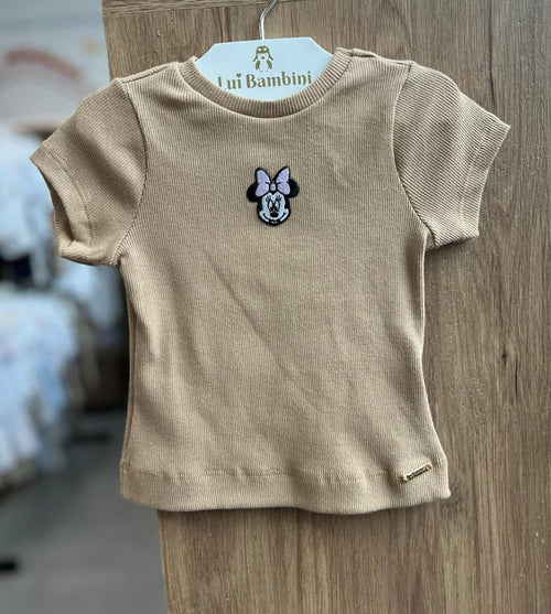 BLUSA MANGA CURTA CANELADA MINNIE MOUSE PATCH MENINA ANIMÊ - BEGE