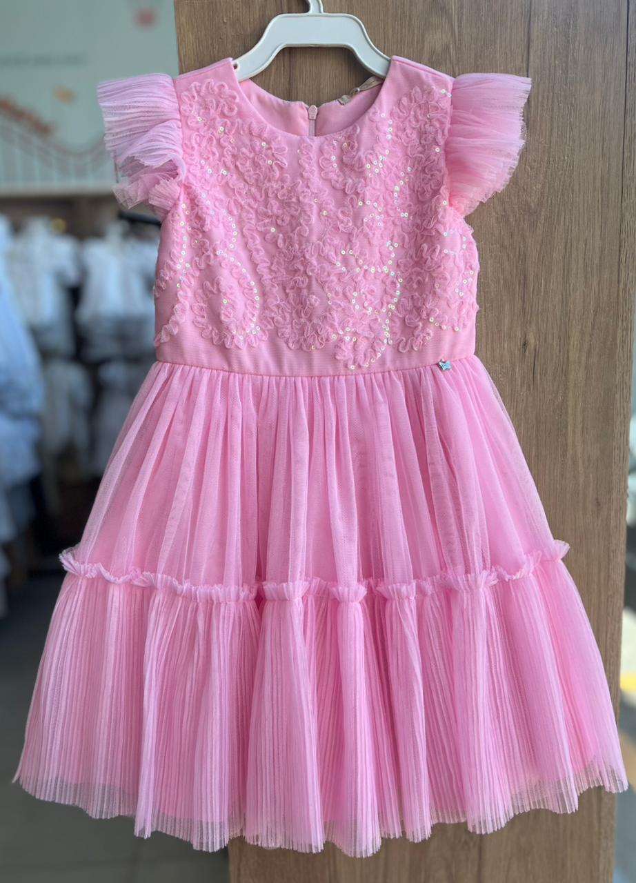 VESTIDO MANGA CURTA BABADO PAETES TULE ZÍPER MENINA PETIT CHERIE - ROSA
