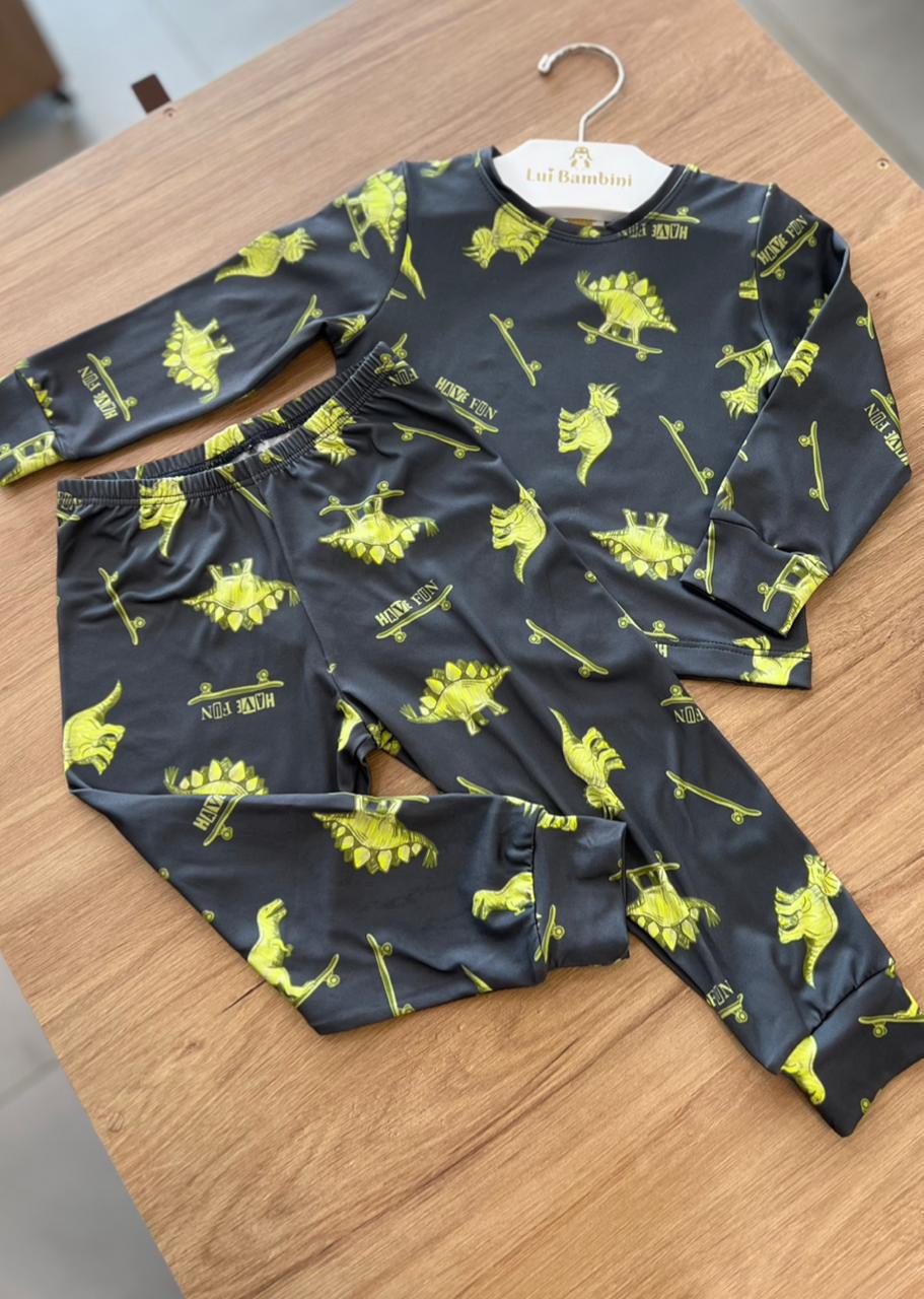 CONJUNTO PIJAMA CAMISETA MANGA LONGA DINOSSAURO SKATE E CALÇA MENINO HAVE FUN - CINZA/VERDE