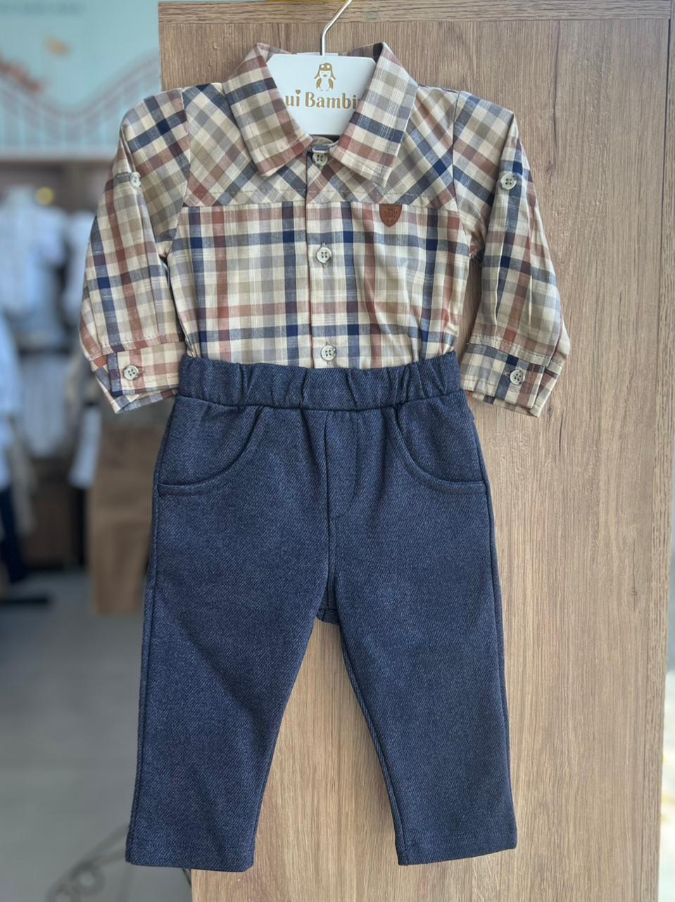 CONJUNTO BODY MANGA LONGA XADREZ BOTÕES E CALÇA MOLETINHO MENINO ANJOS BABY - BEGE/MARINHO