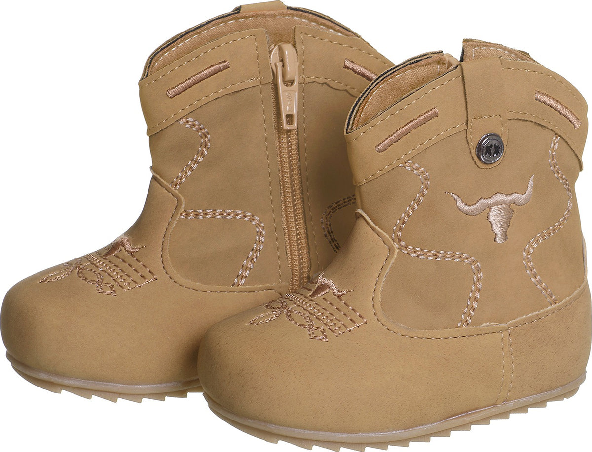BOTA TEXANA BEBÊ BORDADO TOURO RELEVO ZÍPER COWBOY MENINO XUÁ XUÁ - MOSTARDA
