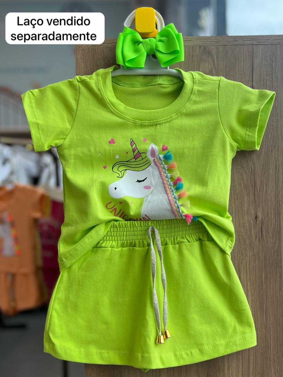 CONJUNTO MANGA CURTA UNICORNIO BARBICACHOS E SHORT MENINA LUI BAMBINI - VERDE
