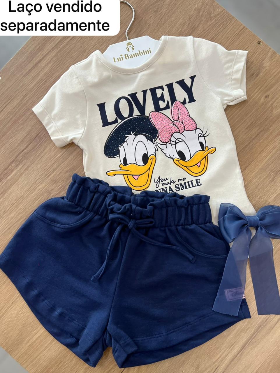 CONJUNTO BLUSA MANGA CURTA LOVELY STRASS PATO DONALD AND DAISY WANNA SMILE E SHORT MENINA MOMI - BEGE/MARINHO