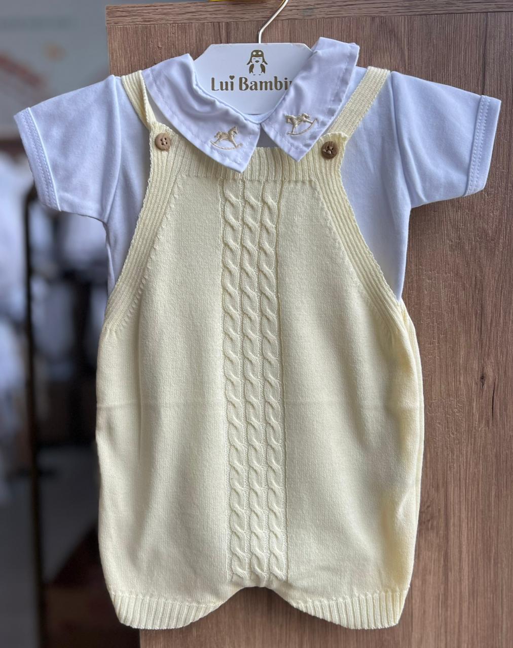 CONJUNTO BODY MANGA CURTA JARDINEIRA ALÇA TRICO CAVALO BORDADO MENINO LUI BAMBINI - AMARELO CLARO
