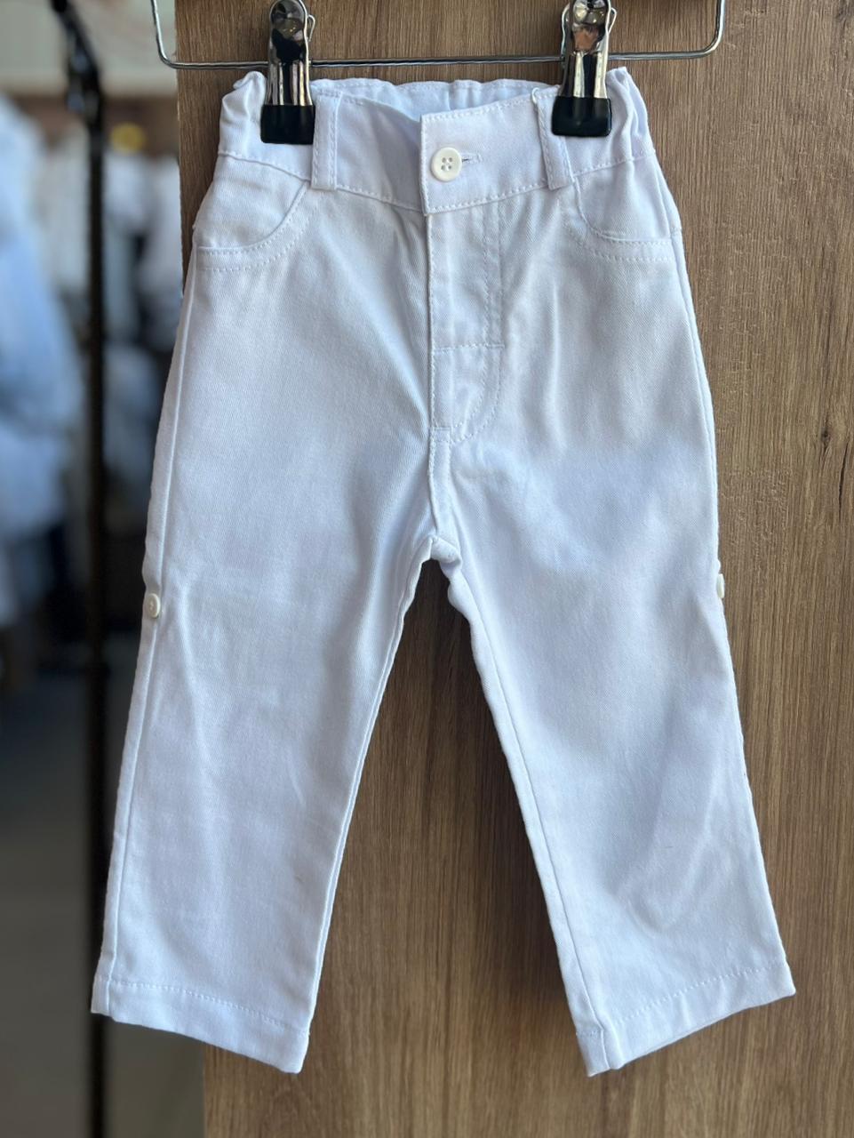 CALÇA BÁSICA SARJA BOLSO FAKE AJUSTE INTERNO BATIZADO MENINO BARBARA KIDS - BRANCO