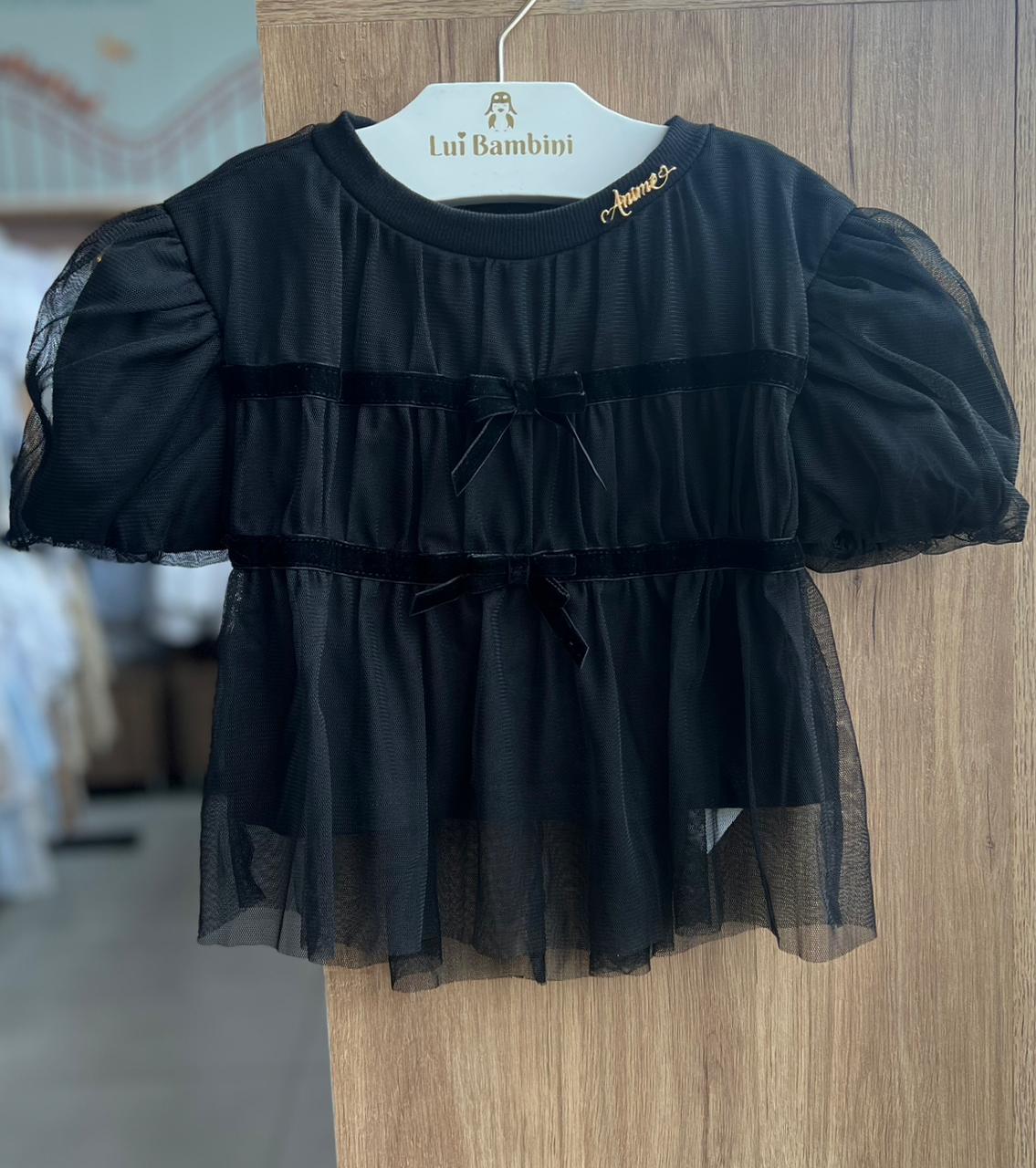 BLUSA MANGA CURTA TULE LAÇOS MENINA ANIMÊ - PRETO