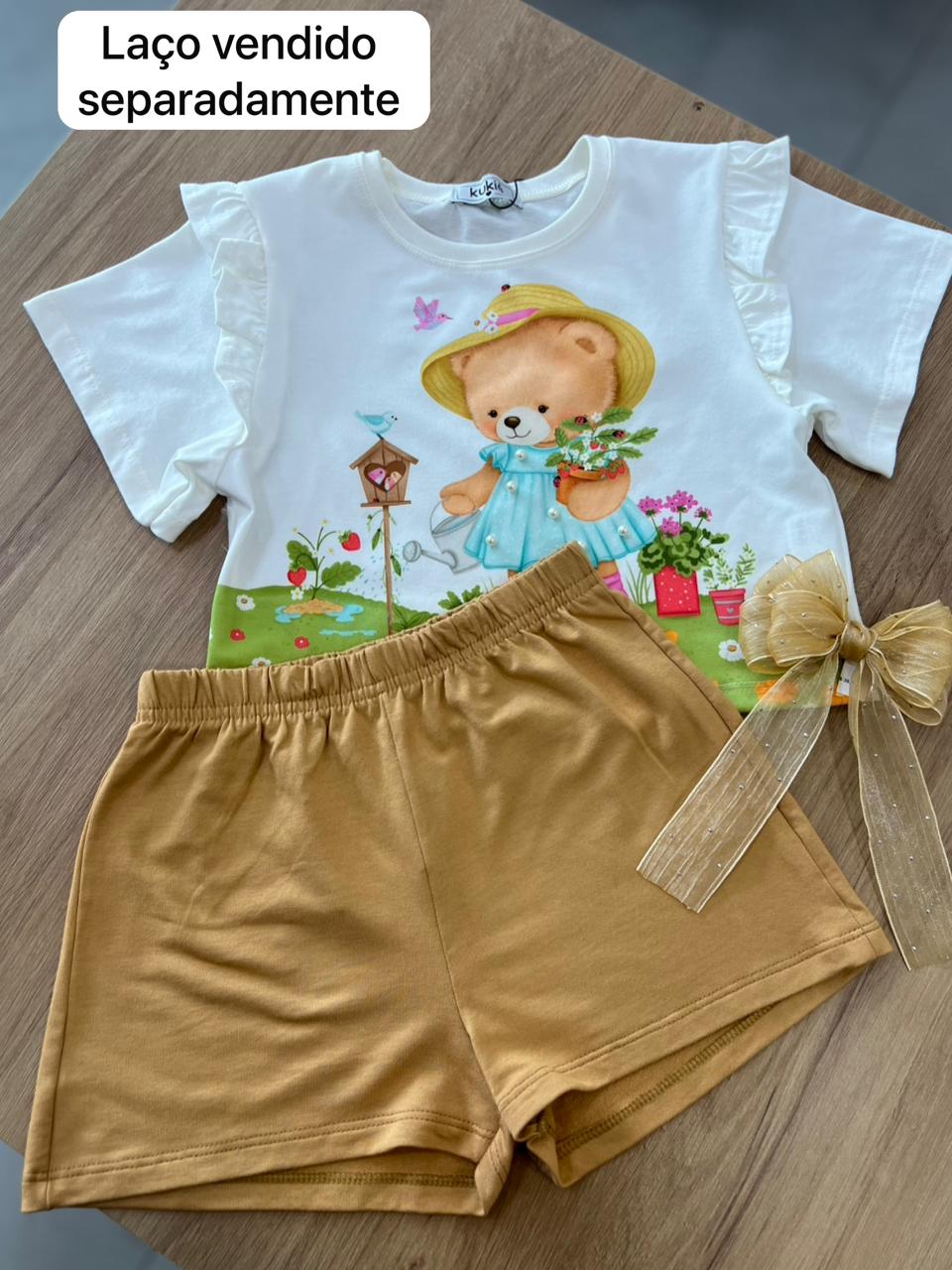CONJUNTO BLUSA MANGA CURTA URSO JARDIM PÉROLAS E SHORT MENINA KUKIÊ - OFF/BEGE