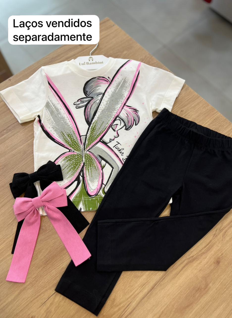 CONJUNTO BLUSA MANGA CURTA TINKER BELL STRASS E CALÇA LEGGING MENINA ANIMÊ - OFF/PRETO
