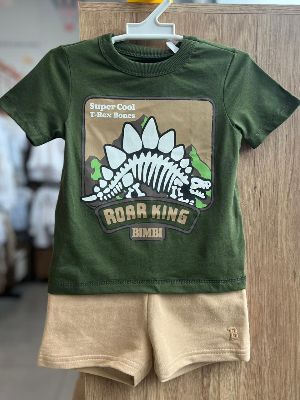 CONJUNTO CAMISETA MANGA CURTA FOSSEIS DINO DINOSSAURO T-REX E BERMUDA MENINO BIMBI - VERDE/BEGE